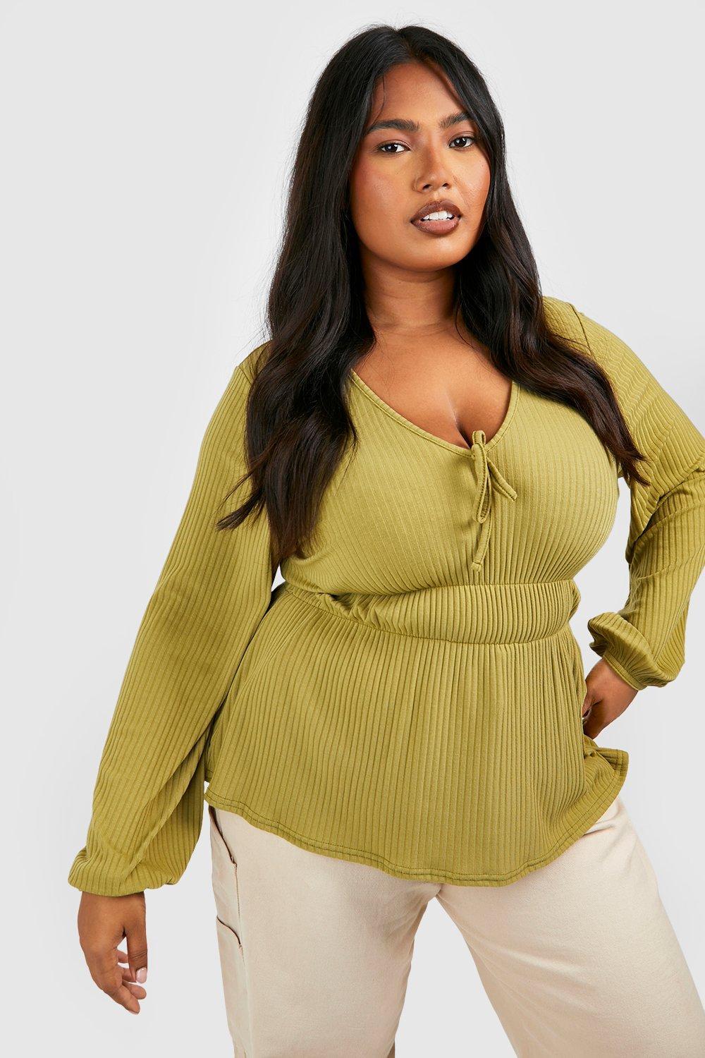 Plus Balloon Sleeve Soft Rib Peplum Top | boohoo